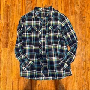 Eddie Bauer Women's Blue and Green Plaid Button-Down Shirt